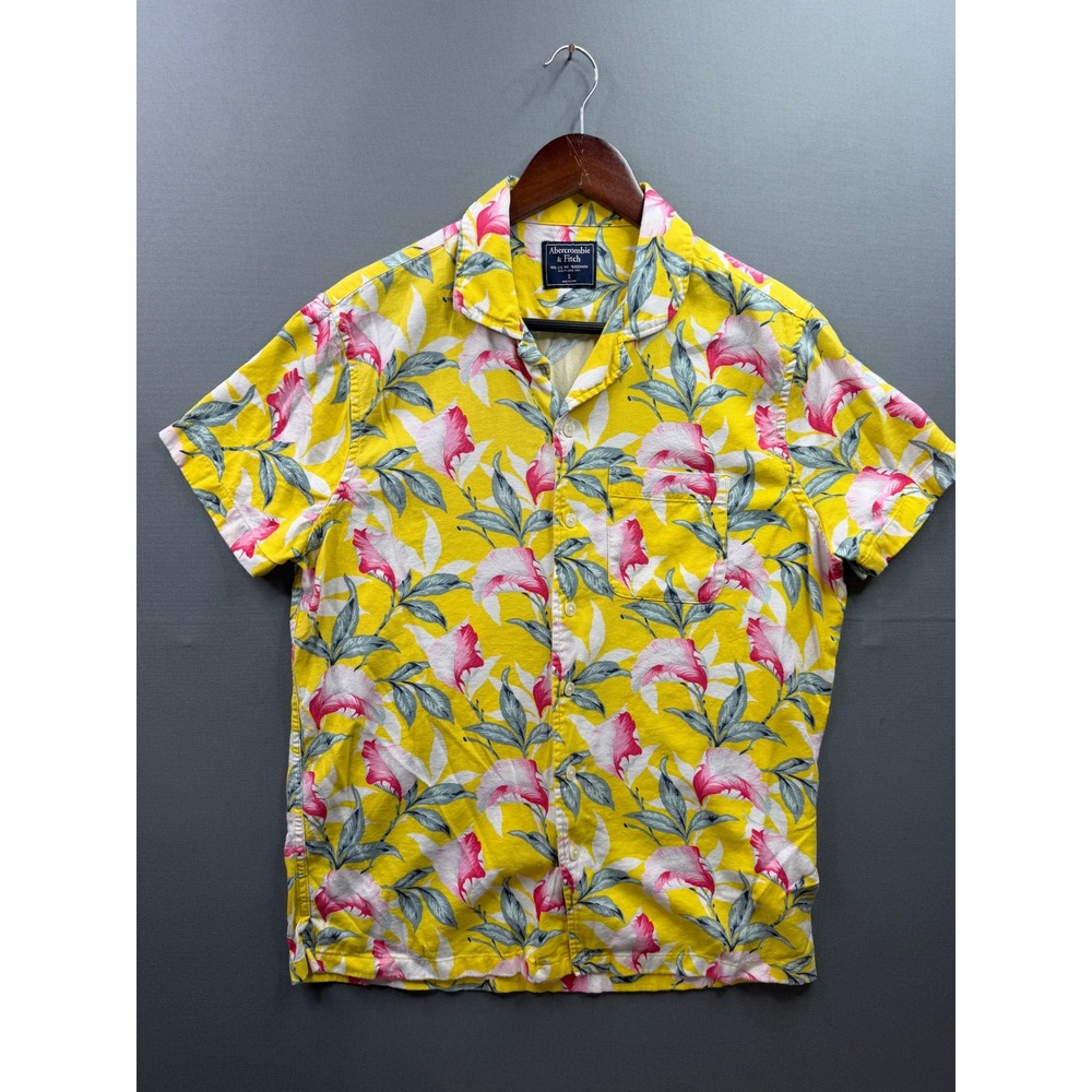 Abercrombie & Fitch Button Up Mens Yellow Floral Tropical Camp Shirt Small